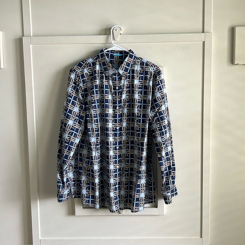 Women’s J. McLaughlin Cotton Button Down Blouse Geometric Pattern Size XL